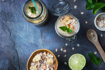 Fruit smoothie with mint and muesli