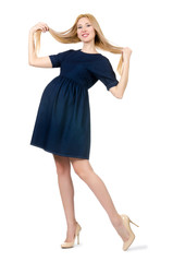 Beautiful pregnant woman in blue dress isolated on white