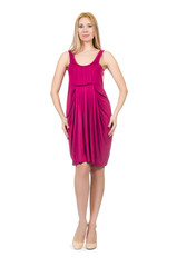 Pretty pregnant woman in pink dress isolated on white