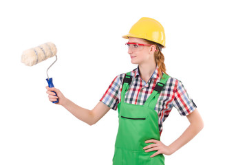 Funny woman painter in construction concept isolated on white