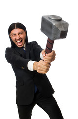 Handsome businessman holding hammer isolated on white © Elnur