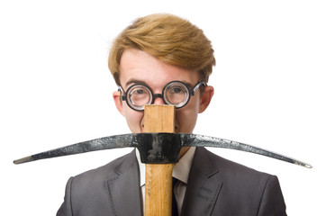 Young businessman with weapon isolated on white