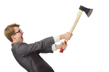 Young businessman with weapon isolated on white