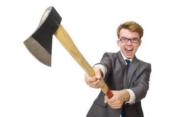 Young businessman with weapon isolated on white