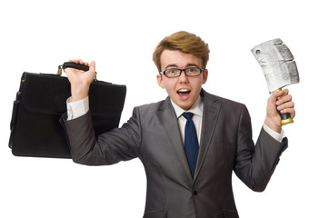 Young businessman with weapon isolated on white