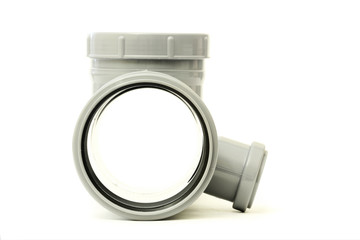 New gray drain pipe tee, isolated on a white background