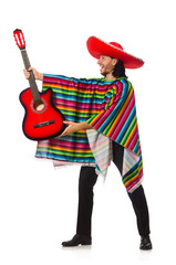 Mexican in vivid poncho holding guitar isolated on white