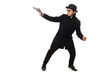 Young man with gun isolated on white