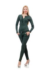 Pretty woman in green clothing isolated on white