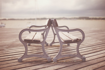 Vintage benches in the boardwalk