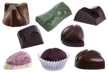 Handmade chocolate candies collection isolated on white