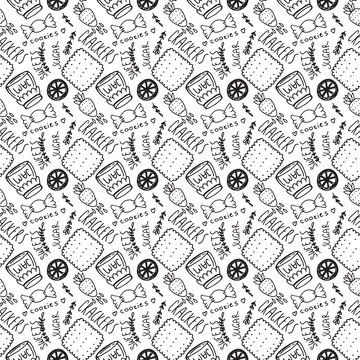 Hand drawn doodle seamless pattern. Sweets and treats.