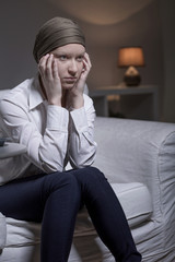 Fototapeta na wymiar Woman wearing scarf after chemotherapy