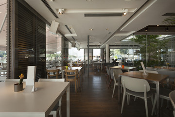 Interior of an elegant riverside cafe