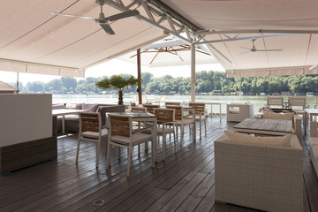 Modern riverside cafe interior