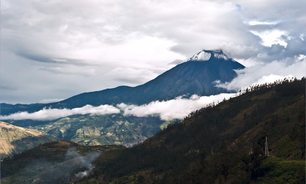 Eruption of a volcano Tungurahua and town Banos de Agua Santa