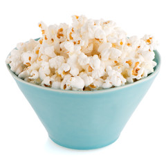 Popcorn in a blue bowl