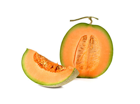 ripe orange melon with stem on white background