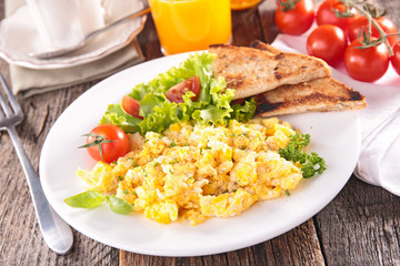 scrambled egg with orange juice and coffee