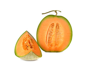 ripe orange melon with stem on white background