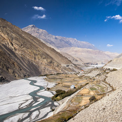 view of the Himalayas surrounded the village Kagbeni