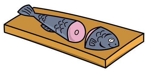 fish cut in two on a board