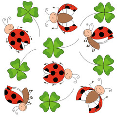 Ladybugs cartoon characters with clover isolated pattern