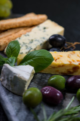 Tapas style cheese selection with olives,grapes and herbs