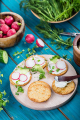 Healthy snacks,crackers with cottage cheese and fresh vegetables
