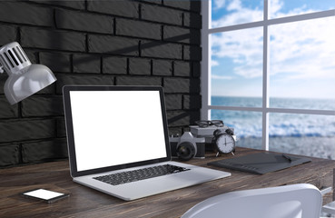 Fototapeta premium 3D illustration laptopand work stuff on table near brick wall