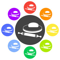 Vector illustration of dough and rolling pin on a wooden board.