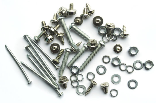 Screws, Bolts, Nails On White Background 