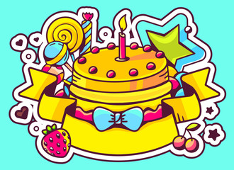 Vector illustration of cake with candle, sweets and ribbon on bl