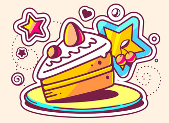 Vector illustration of piece of cake on a plate with a star on l
