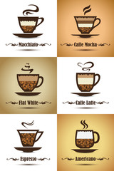 Coffee types and their preparation.  Icons Set.