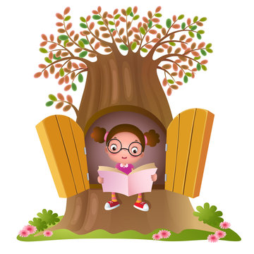 Illustration of a young girl reading a book at the big tree
