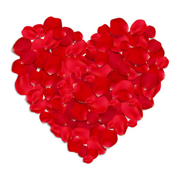 Heart made from red rose petals isolated on white background.