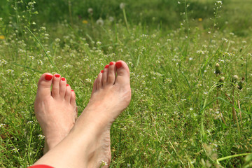 Barefoot female feet on green field with flowers