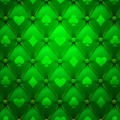Green leather upholstery with hearts and spades.