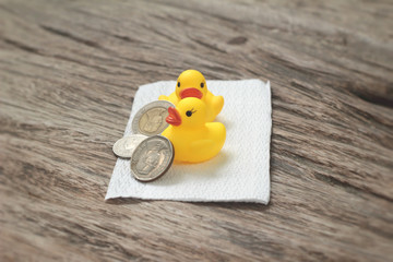 yellow rubber duck and banknotes ,coins on wood background