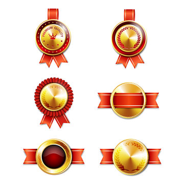 Golden badges with ribbons.