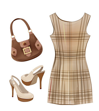 Fashion items for girls. Casual dress, shoes and handbag.