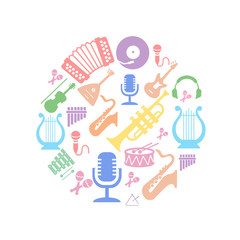 Multicolored music instruments  silhouette in circle shape. 