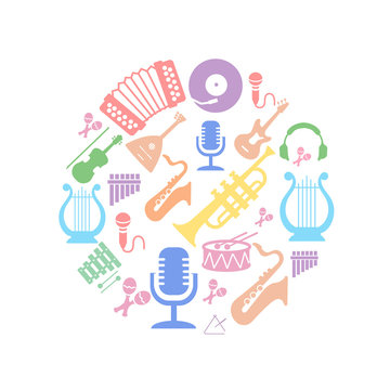 Multicolored music instruments  silhouette in circle shape. 
