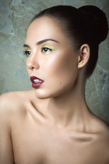 Naklejka premium Beautiful girl with perfect skin and wine lips.