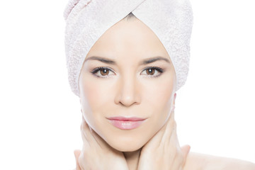 Beauty shot of a girl with a towel around her head