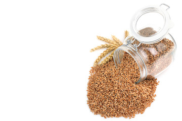 wheat and wheat grains in a jar isolated on white.