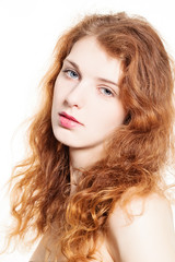 Fototapeta premium Young Beautiful Woman. Red Curly Hair, Natural Makeup