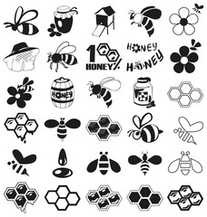 bee and honey icons on white