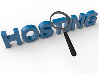 Hosting - 3D Text with magnifier over white background